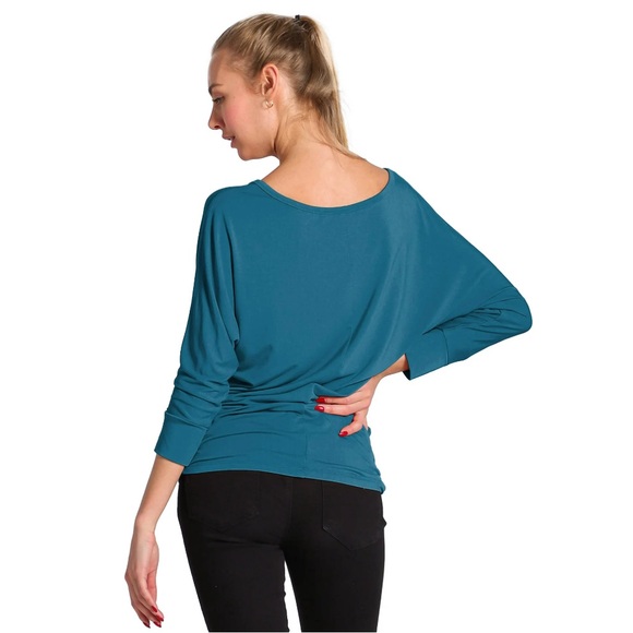 Women's Solid T Luxe Rayon Boat Neck Dolman 3/4 Sleeve With Side Ruched Top - Picture 2 of 7